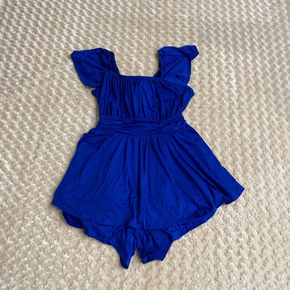 New Women 2XL Rompers Short Sleeve Ruffle Layer Square Neck, back Ribbon Tie - Picture 4 of 9